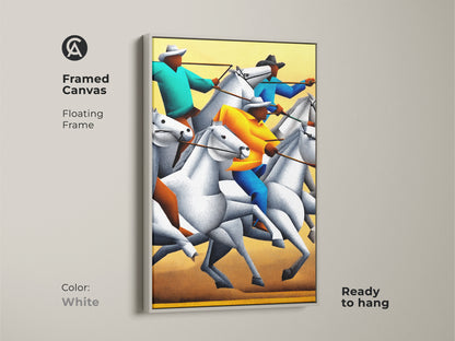 A framed canvas of stippled figurative western horse rider artwork. The floating frame is white and ready to hang. This animal action canvas artwork makes for great western ranch decor or modern wall decor. The yellow teal orange art print is a unique gift idea.