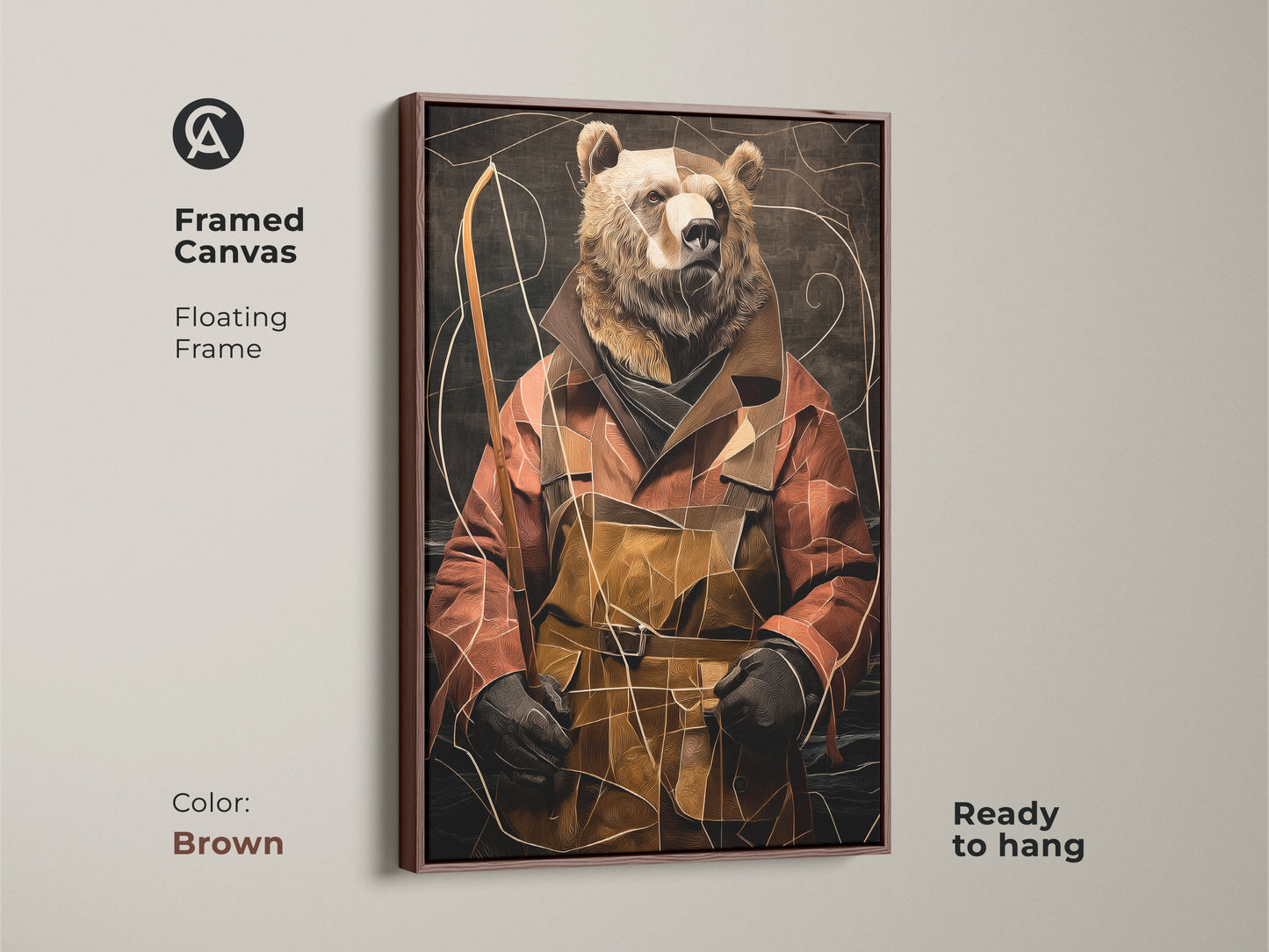 Framed Canvas with a brown floating frame showcasing the abstract Eclectic Bear Fisherman portrait. This terracotta and gold animal artwork is ready to hang creating an appealing focal point. A great choice for study room wall decor or a thoughtful gift for any nature lover.