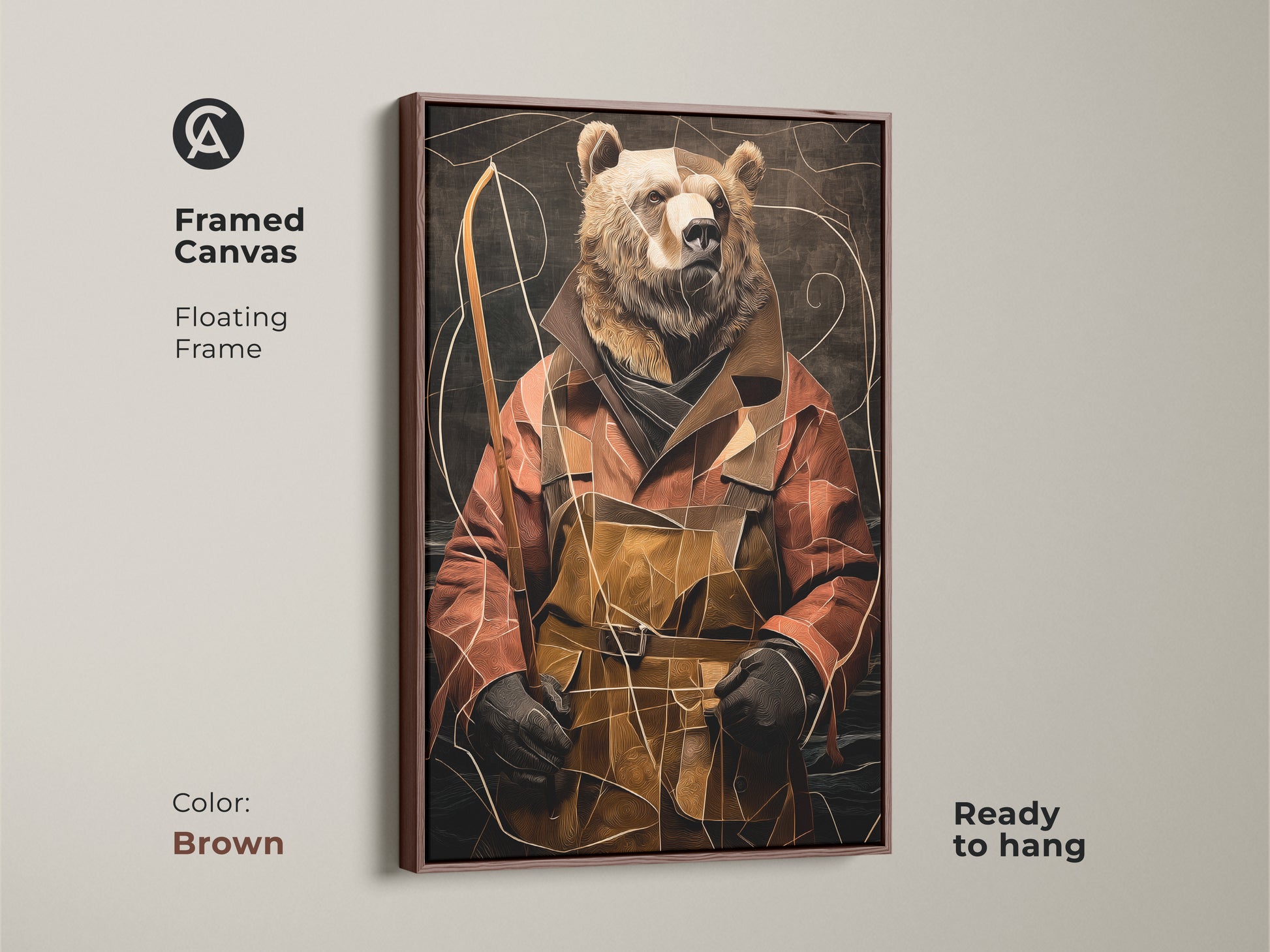 Framed Canvas with a brown floating frame showcasing the abstract Eclectic Bear Fisherman portrait. This terracotta and gold animal artwork is ready to hang creating an appealing focal point. A great choice for study room wall decor or a thoughtful gift for any nature lover.
