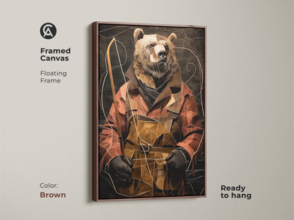 Framed Canvas with a brown floating frame showcasing the abstract Eclectic Bear Fisherman portrait. This terracotta and gold animal artwork is ready to hang creating an appealing focal point. A great choice for study room wall decor or a thoughtful gift for any nature lover.