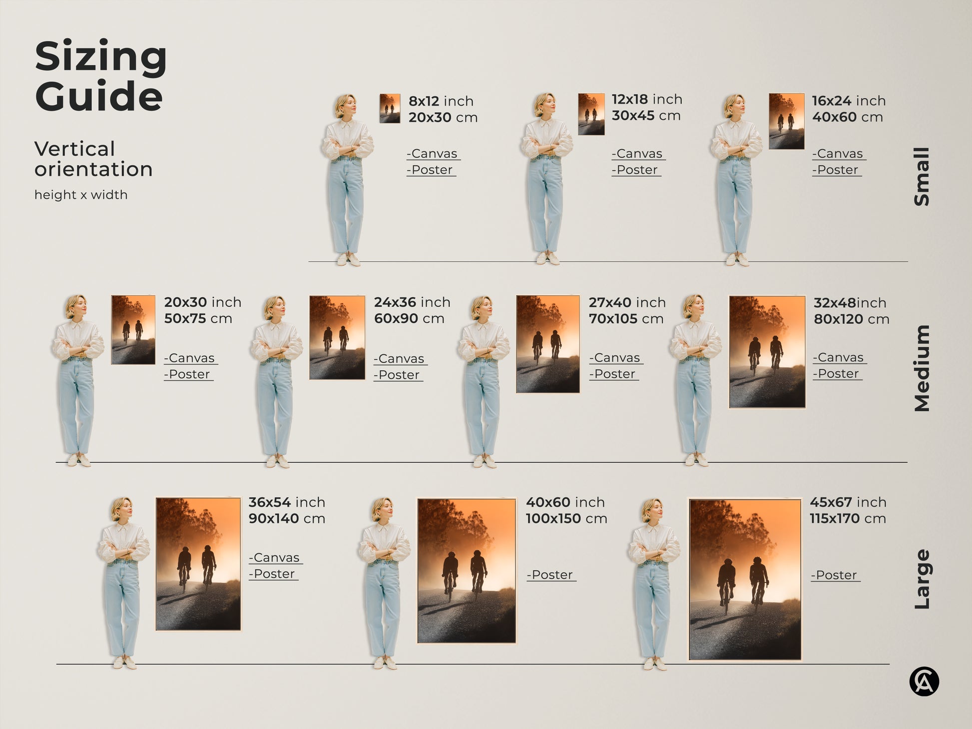 Sizing guide for vertical road cyclist artwork. Options include canvas and poster prints. Each features a warm amber sunset landscape. Find the perfect fit for your space.