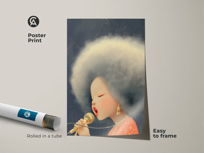 Discover the beauty of the Pop art portrait print. This artwork features an Afro Woman with a vintage microphone. The retro singer poster comes rolled in a tube for easy framing. This eclectic music decor is ideal for music fans.