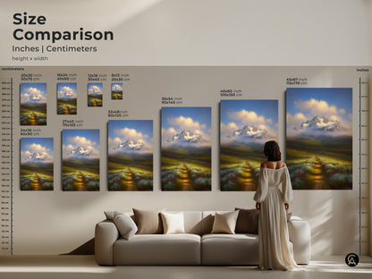 Size comparison of scenic mountain landscape prints in various sizes. Visualize canvas and posters from 20x30 cm to 45x67 inch. Perfect rustic decor above any sofa.
