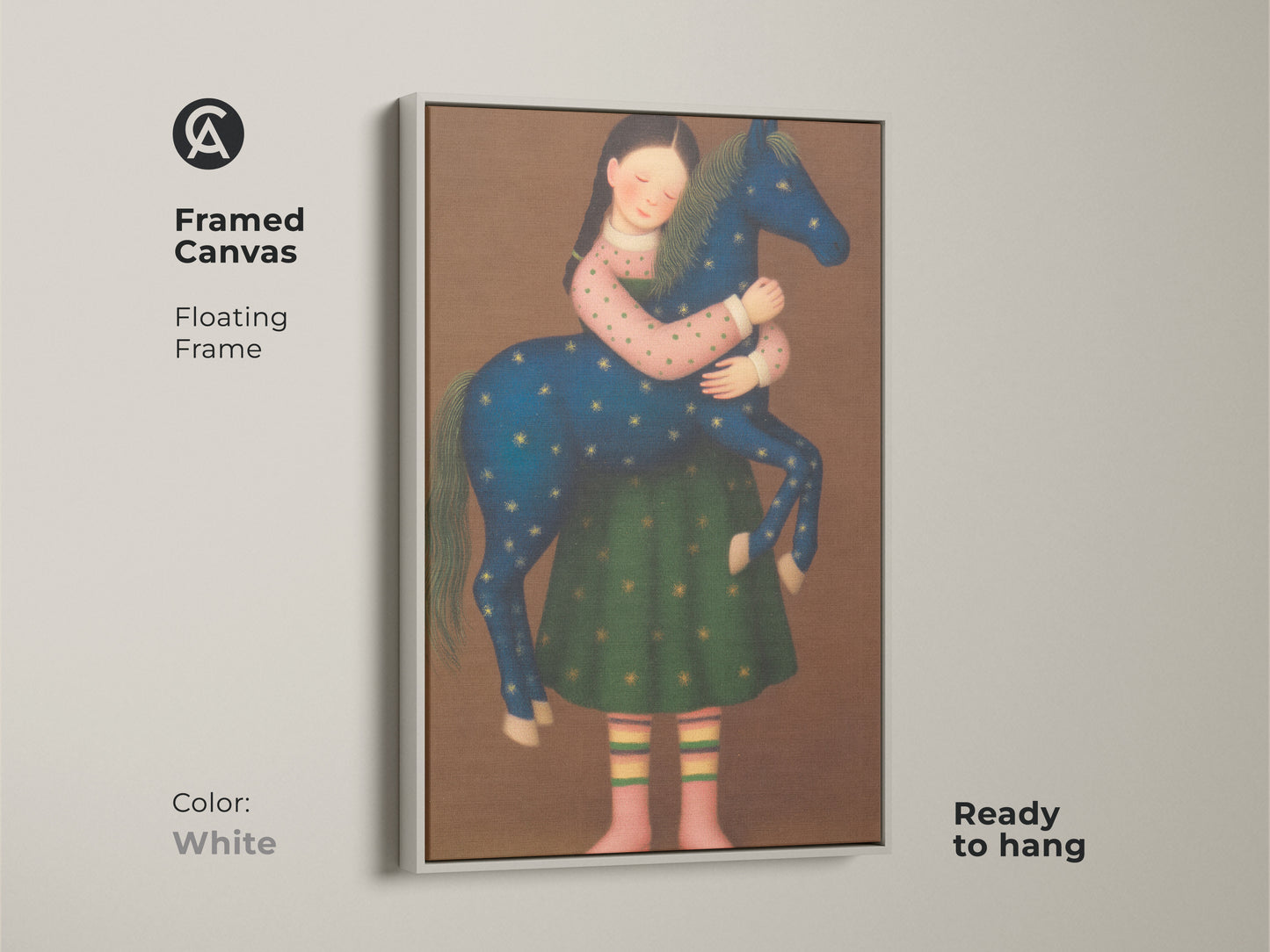 Showcases the bond between a girl and her horse in a dreamy setting. The artwork uses blue gold and green tones for a magical effect. It's a great kids room animal print and nursery wall decor girl piece.