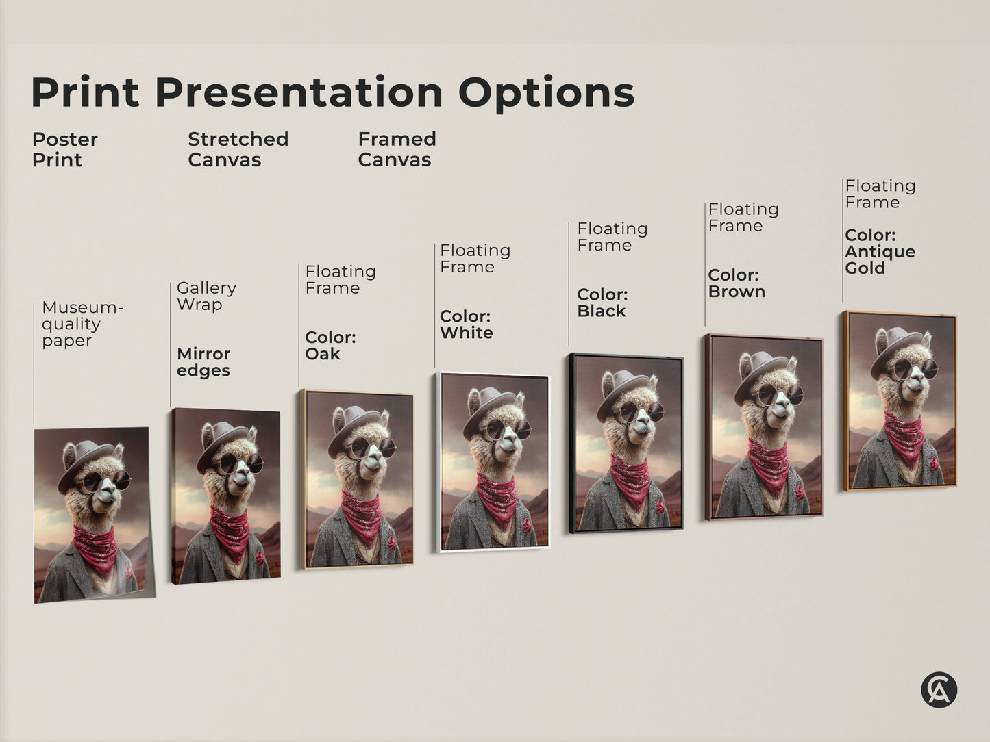 Print presentation options for Dapper Alpaca artwork. Options include poster prints stretched canvas and framed canvas. Floating frame colors include white black brown oak and antique gold. Find the perfect art for eclectic tan red and brown office decor.