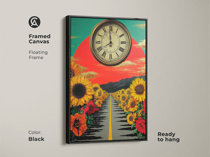Framed canvas print of surreal nature art. Black floating frame enhances the yellow red and green artwork. Ready to hang this eclectic piece. This artwork features a sunflower path and a retro clock. Great as a unique birthday gift.