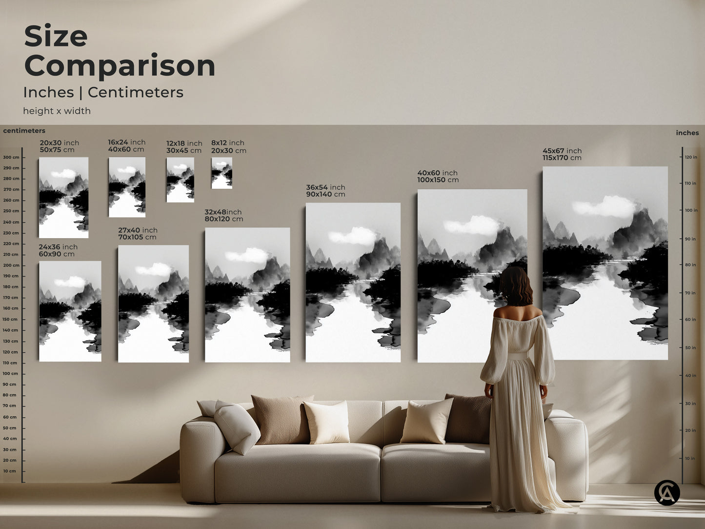 Size comparison of the black white ink wash art print in inches and centimeters. See how the mountain river landscape canvas fits above a sofa. This minimalist nature wall art is perfect for creating a Japandi bedroom decor. The Japanese Sumi-e style artwork enhances your living space with its serene beauty.