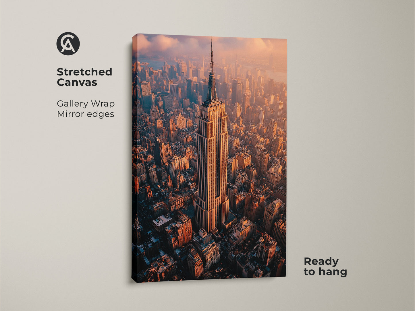 Stretched canvas art featuring the Empire State Building in New York City. The gallery wrap has mirrored edges adding depth. The artwork is ready to hang showcasing the iconic skyscraper and cityscape from above.