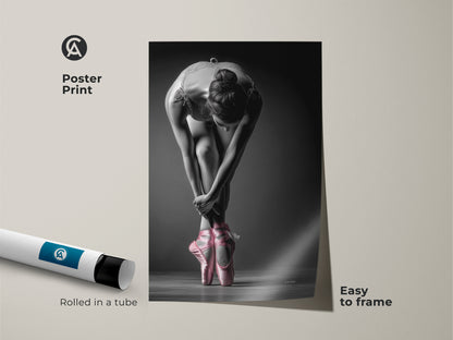 Poster print featuring a ballerina. The artwork displays a dancer with pink pointe shoes. Rolled in a tube for protection. This museum-quality paper print is easy to frame and display.