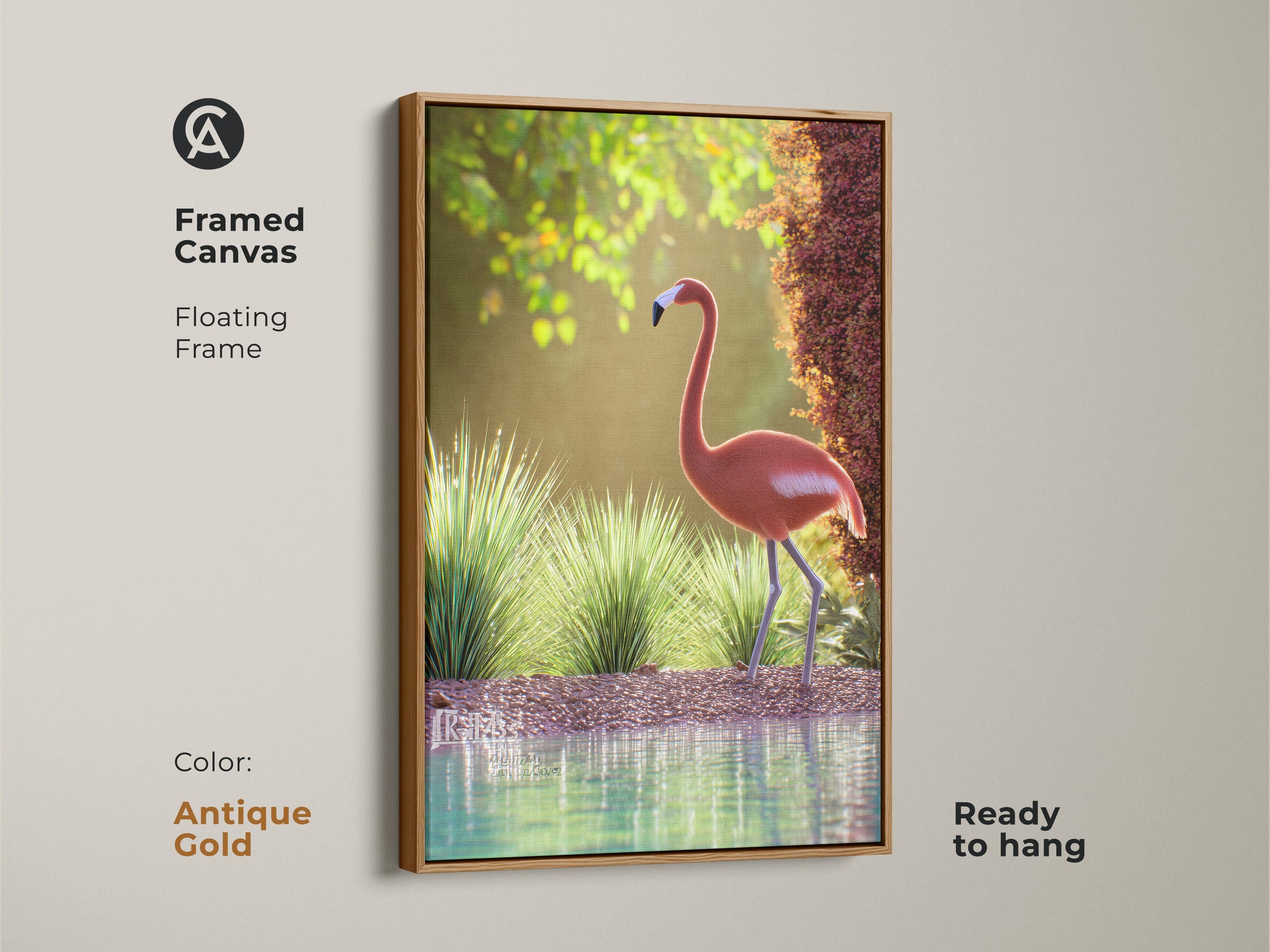Framed canvas featuring a pink flamingo in a natural setting with an antique gold floating frame. This wildlife artwork is ready to hang adding coastal charm to any room. The tranquil scene brings the beauty of nature indoors. Ideal for bedrooms living rooms or coastal themed spaces. A perfect piece for bird lovers.