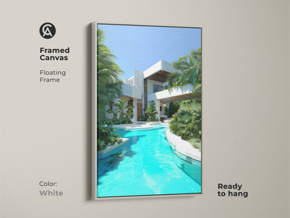 Brighten your space with this framed canvas art of a modern villa. The turquoise pool reflects the contemporary architecture. Palm trees add a serene tropical touch. The white floating frame offers a clean look. This stylish living room decor is ready to hang.