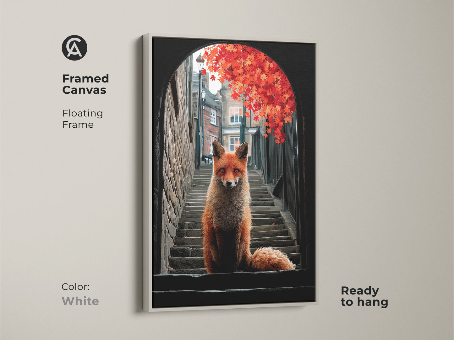 Create a serene atmosphere with this framed fox art canvas. The artwork portrays a fox on steps in an urban alleyway with red autumn leaves. The white floating frame gives it a clean and modern look. A beautiful addition to any room or entry hall.
