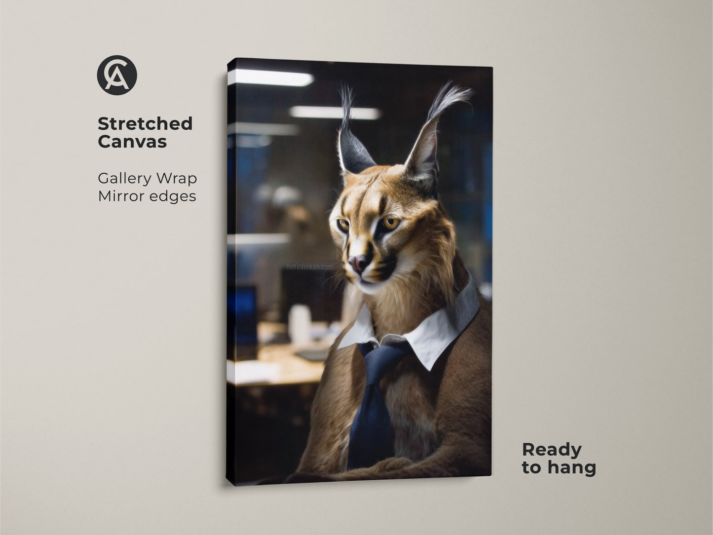 Gallery wrapped canvas print. This showcases a photorealistic Caracal in business attire. This contemporary office wall art is ready to hang. A perfect gift for the sophisticated animal lover.