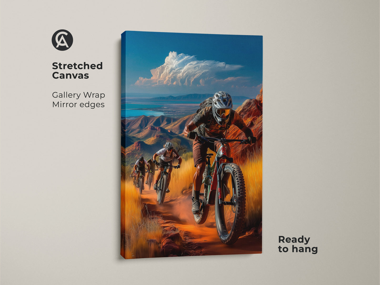 Stretched canvas gallery wrap displaying mountain biker canvas art. The mirror edges enhance the modern adventure sports artwork. It is ready to hang and adds a contemporary touch to any room.