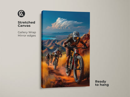 Stretched canvas gallery wrap displaying mountain biker canvas art. The mirror edges enhance the modern adventure sports artwork. It is ready to hang and adds a contemporary touch to any room.