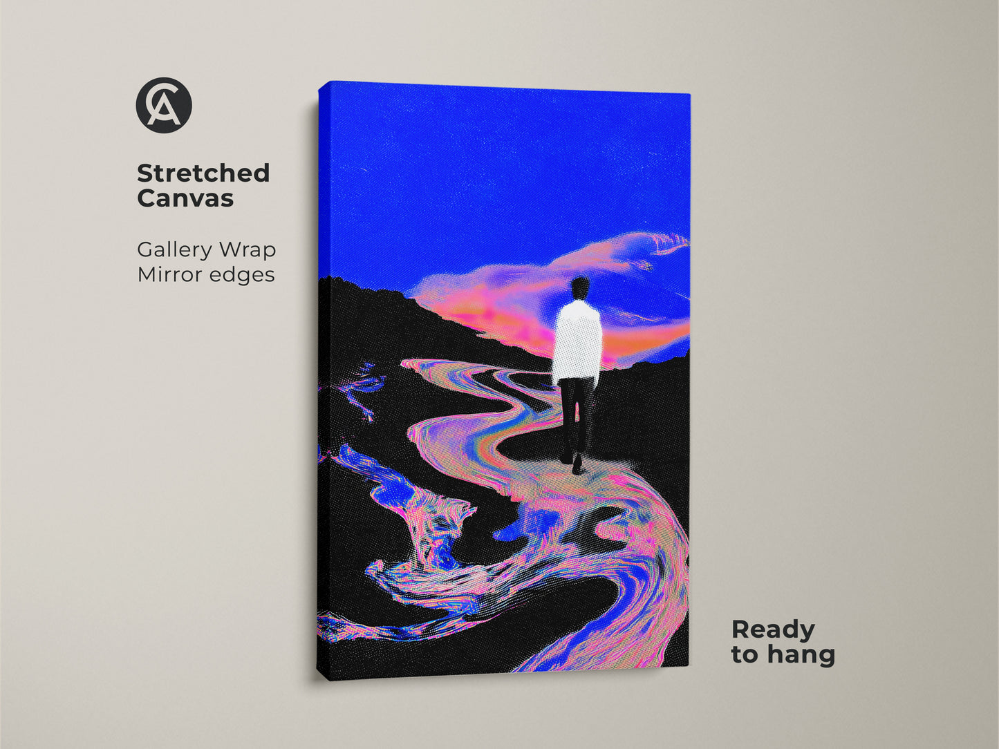 Stretched Canvas of a surreal landscape. Glitch art wall decor showcasing an abstract figurative painting. The electric blue and pink art print features a man walking by a river. Ready to hang for contemporary bedroom art.