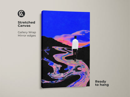 Stretched Canvas of a surreal landscape. Glitch art wall decor showcasing an abstract figurative painting. The electric blue and pink art print features a man walking by a river. Ready to hang for contemporary bedroom art.
