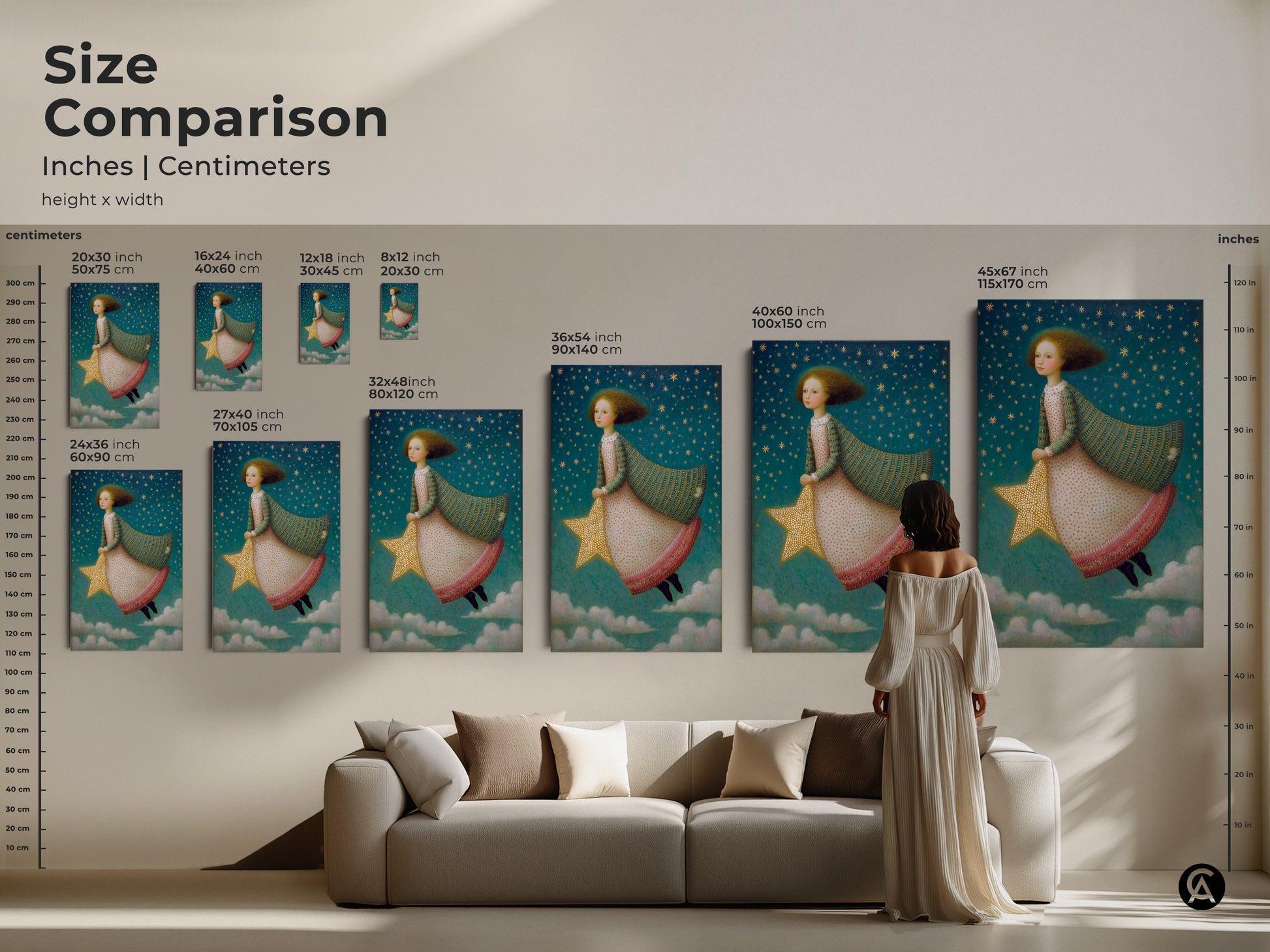 Visualize the dreamy girl on star artwork in different sizes in a living room. See how this celestial nursery art complements your decor. Choose the right scale for your kids room wall decor. A perfect fantasy art gift for young dreamers to enhance any space.