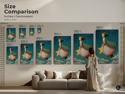 Visualize the dreamy girl on star artwork in different sizes in a living room. See how this celestial nursery art complements your decor. Choose the right scale for your kids room wall decor. A perfect fantasy art gift for young dreamers to enhance any space.