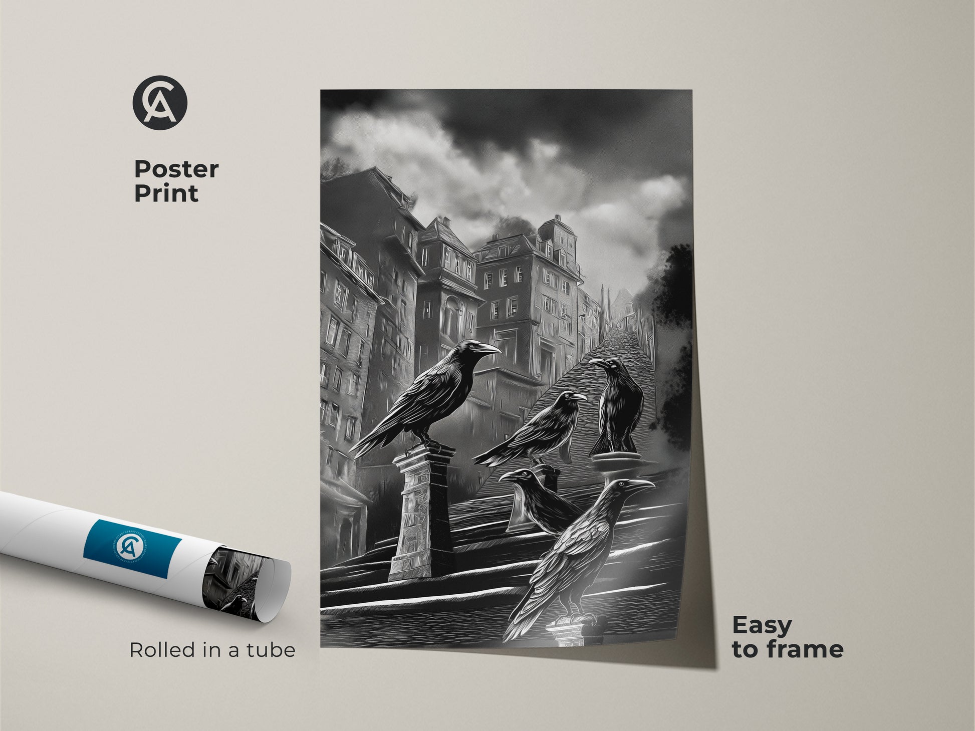 Poster print featuring gothic cityscape art. This dark academia crow wall art is a striking black and white urban architecture piece. A gothic literature fan gift is rolled in a tube for easy framing. The raven perched on building art adds a moody gothic touch. This monochrome bird art print is perfect for gothic office wall decor. A unique gothic urban landscape canvas.