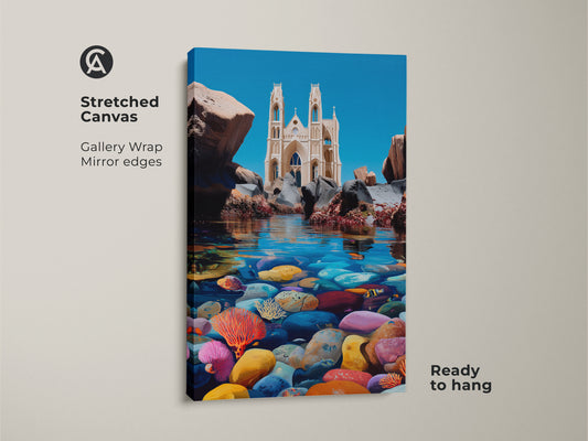 Stretched canvas art of coastal cathedral and ocean pebbles. The gallery wrap has mirrored edges. Ready to hang this piece brings a unique Boho and beach house aesthetic to any room