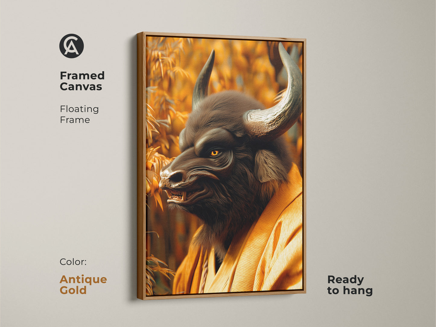 Framed canvas artwork of a Minotaur Samurai in a tranquil bamboo forest with an antique gold floating frame. The antique gold frame adds a touch of classic elegance. Ready to hang this artwork blends mythology with sophistication. The intense gaze of the Minotaur captivates.