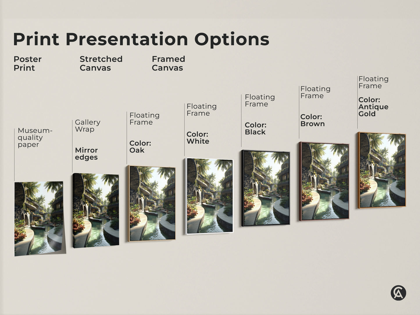 Explore print presentation options for tropical modern artwork. Choose from poster stretched or framed canvas. Select a black brown white oak or antique gold floating frame. Find the perfect style to match your eclectic decor. Bring home waterfall and palm tree wall art.