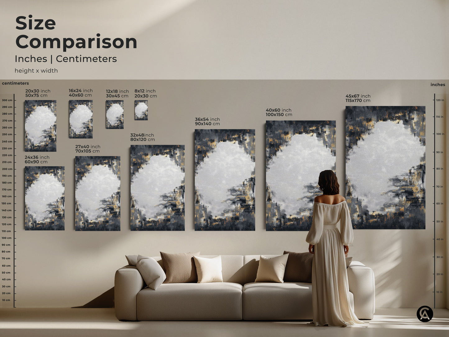 Size comparison of charcoal grey and gold abstract canvas art. See different dimensions of the artwork with a person and sofa for scale. Visualize how textured brushstroke art fits in a living room. Choose the ideal size to elevate your contemporary home decor.