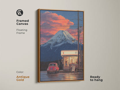 Framed canvas art of Mount Fuji in anime style with an antique gold floating frame. This retro Japanese landscape features a vintage red car. Ready to hang wall decor with sunset clouds. A perfect eclectic touch for any space.