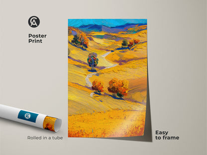 Poster Print featuring autumn nature artwork on golden yellow landscape. This Impressionistic trees artwork showcases rolling hills wall decor. Rolled in a tube for easy framing the print captures fall foliage. Perfect outdoor landscape artwork gift for art lovers who seek country style wall art for rustic wall art home decor.