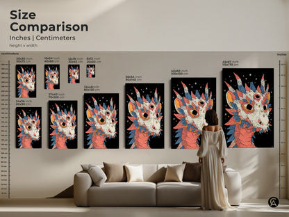Size comparison of the dragon artwork in inches and centimeters. See how the art print transforms a living space. Various sizes are available to match your room's decor.