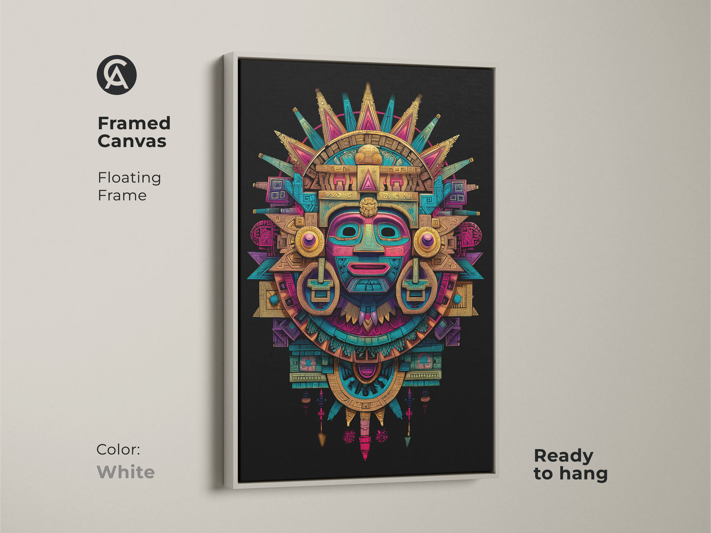 Framed canvas with a floating frame showcasing Mayan mask art. The artwork features a white frame. The Aztec-inspired mask is ready to hang. A sophisticated choice for your art collection. Perfect for adding a cultural touch.