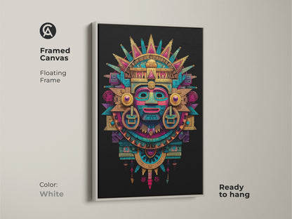 Framed canvas with a floating frame showcasing Mayan mask art. The artwork features a white frame. The Aztec-inspired mask is ready to hang. A sophisticated choice for your art collection. Perfect for adding a cultural touch.
