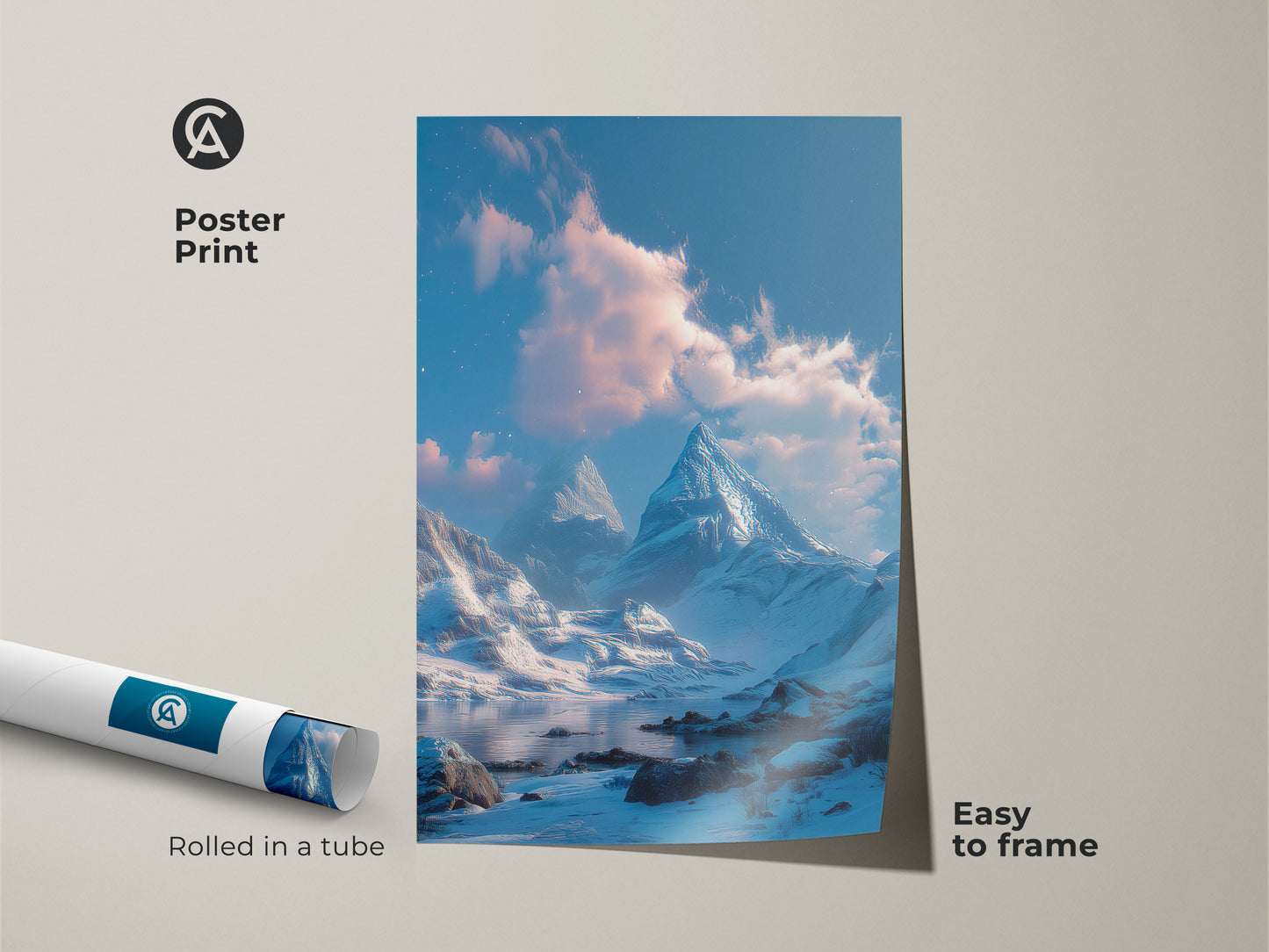 Poster print featuring a breathtaking winter mountain scene. The artwork captures snow-capped mountains and a reflective lake under a blue sky. This easy-to-frame poster is rolled in a tube for safe delivery offering a simple art solution.