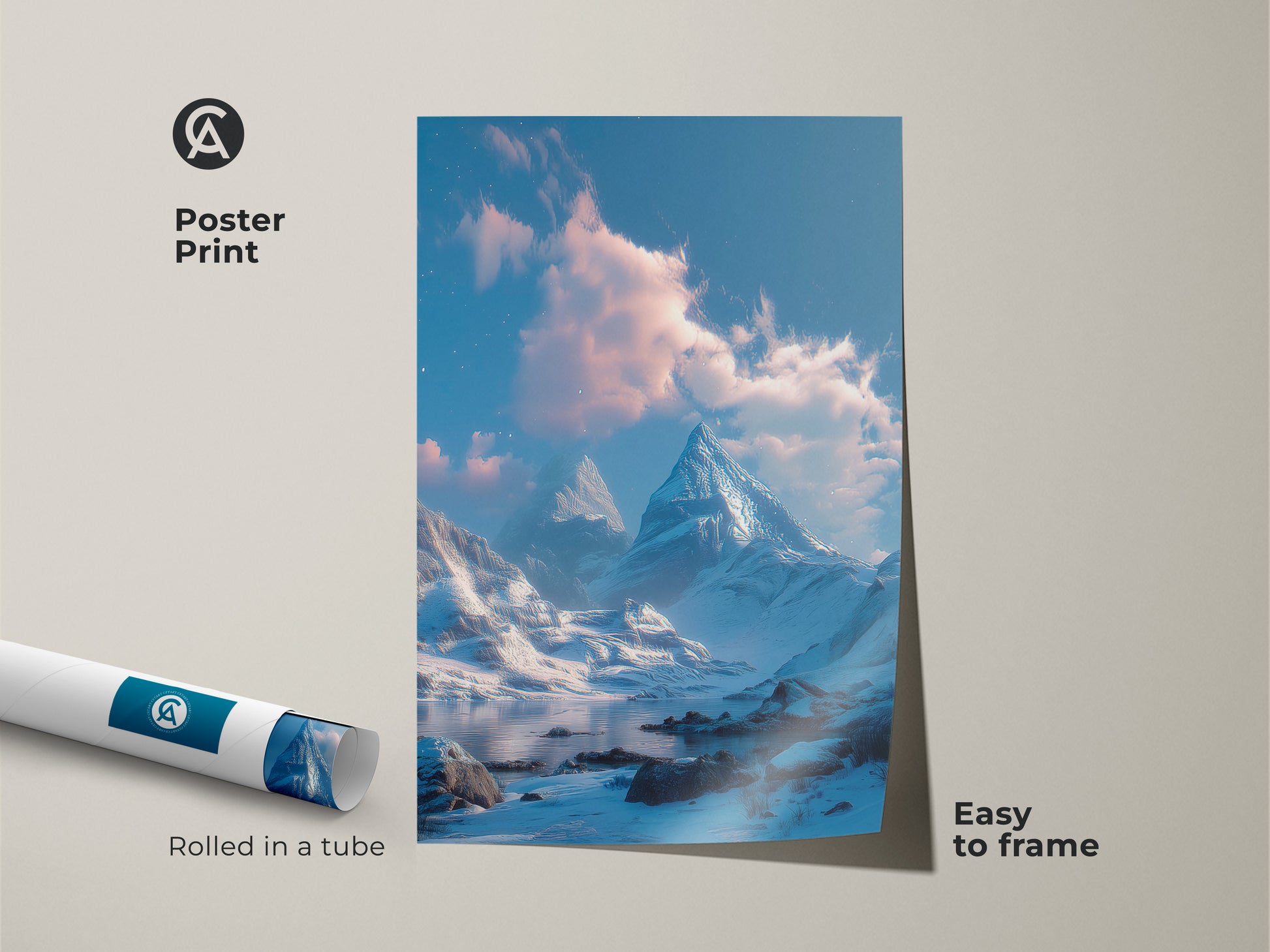 Poster print featuring a breathtaking winter mountain scene. The artwork captures snow-capped mountains and a reflective lake under a blue sky. This easy-to-frame poster is rolled in a tube for safe delivery offering a simple art solution.