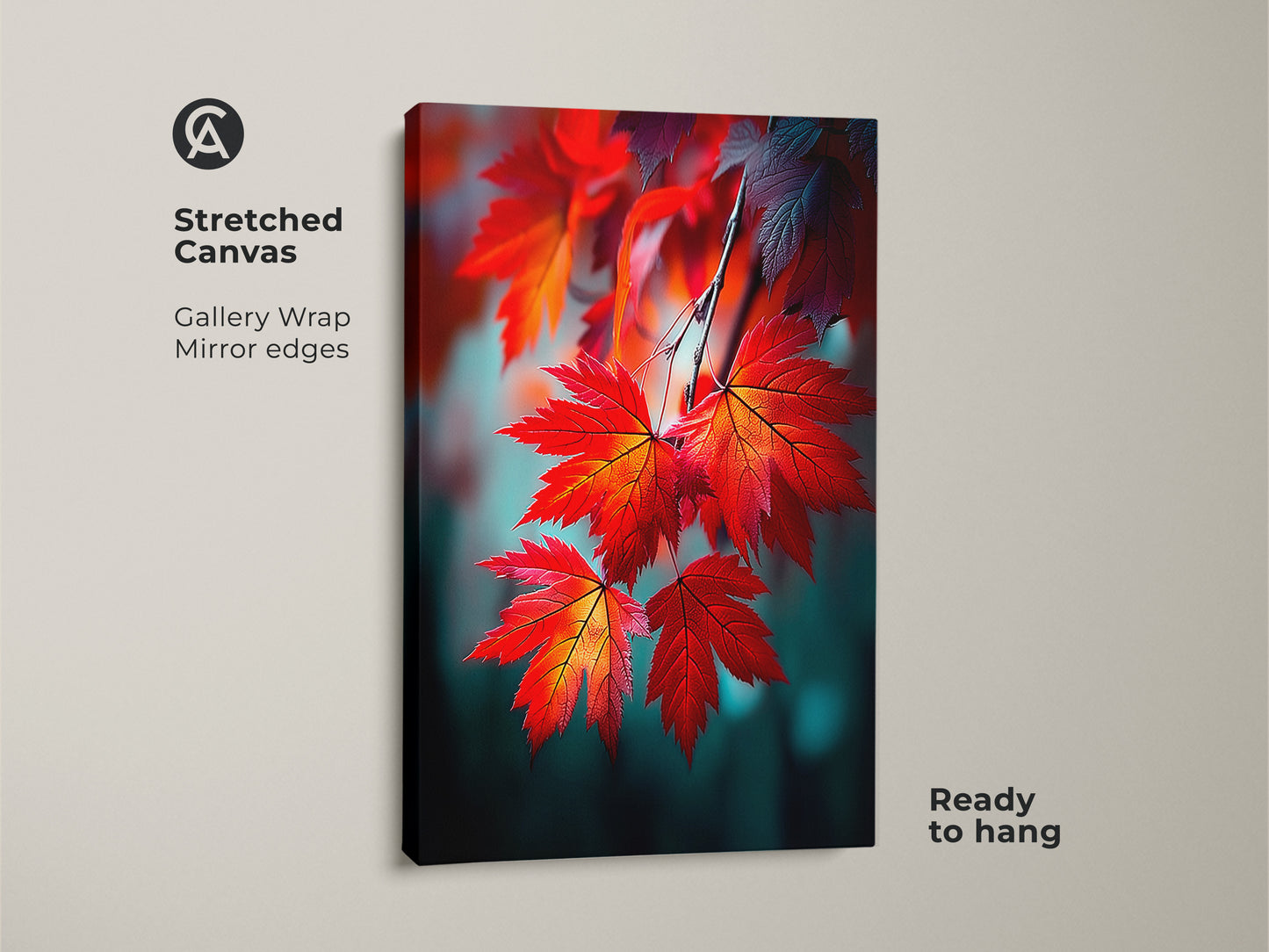 Gallery wrapped stretched canvas art showcasing red maple leaves. The mirror edges and ready-to-hang feature make it a convenient decor option. This canvas art will bring nature's beauty indoors with its vivid colors.