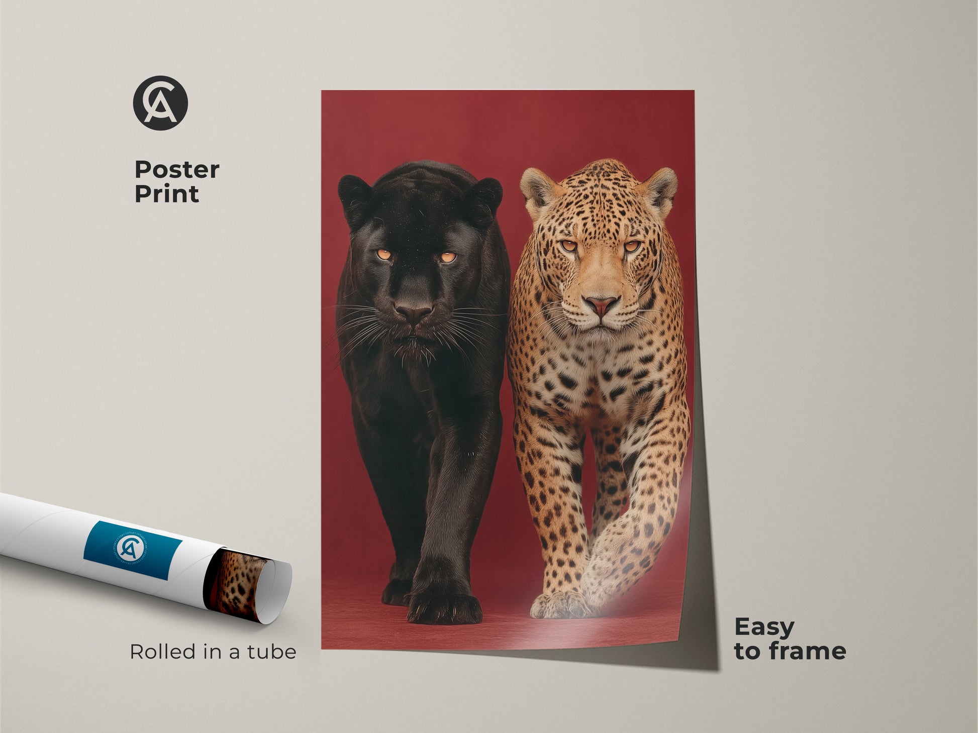 Black panther and jaguar poster print perfect for easy framing. Showcase this museum-quality paper wild cat wall art in your study. It's rolled in a tube for protection. A contemporary exotic animal decor piece. Buy this fine art animal print to add a touch of the wild to your space today