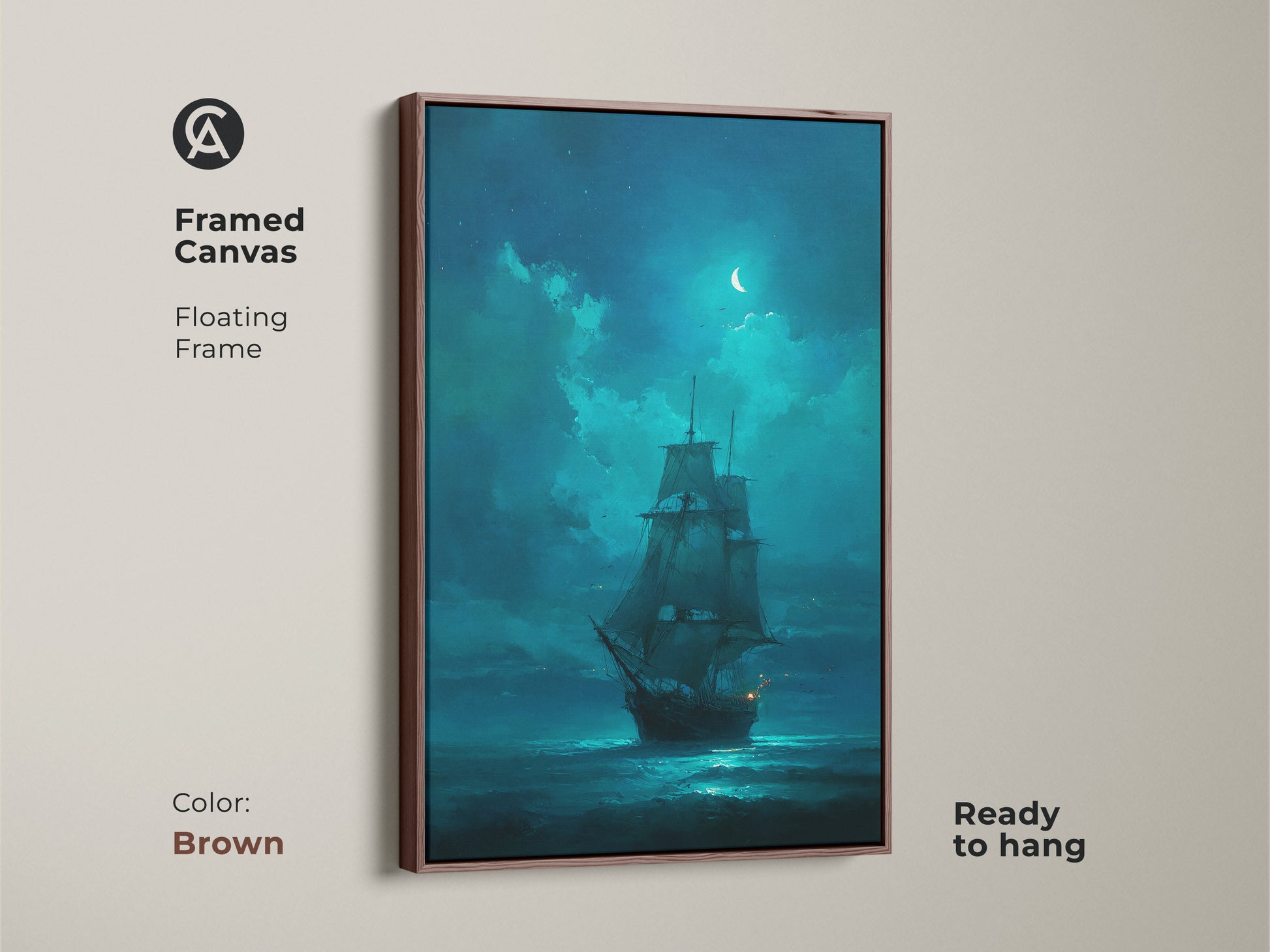 A framed canvas featuring a tall ship at sea. This artwork is ready to hang with a brown floating frame. Its nautical theme will complement any home decor. Purchase this framed art for your home today