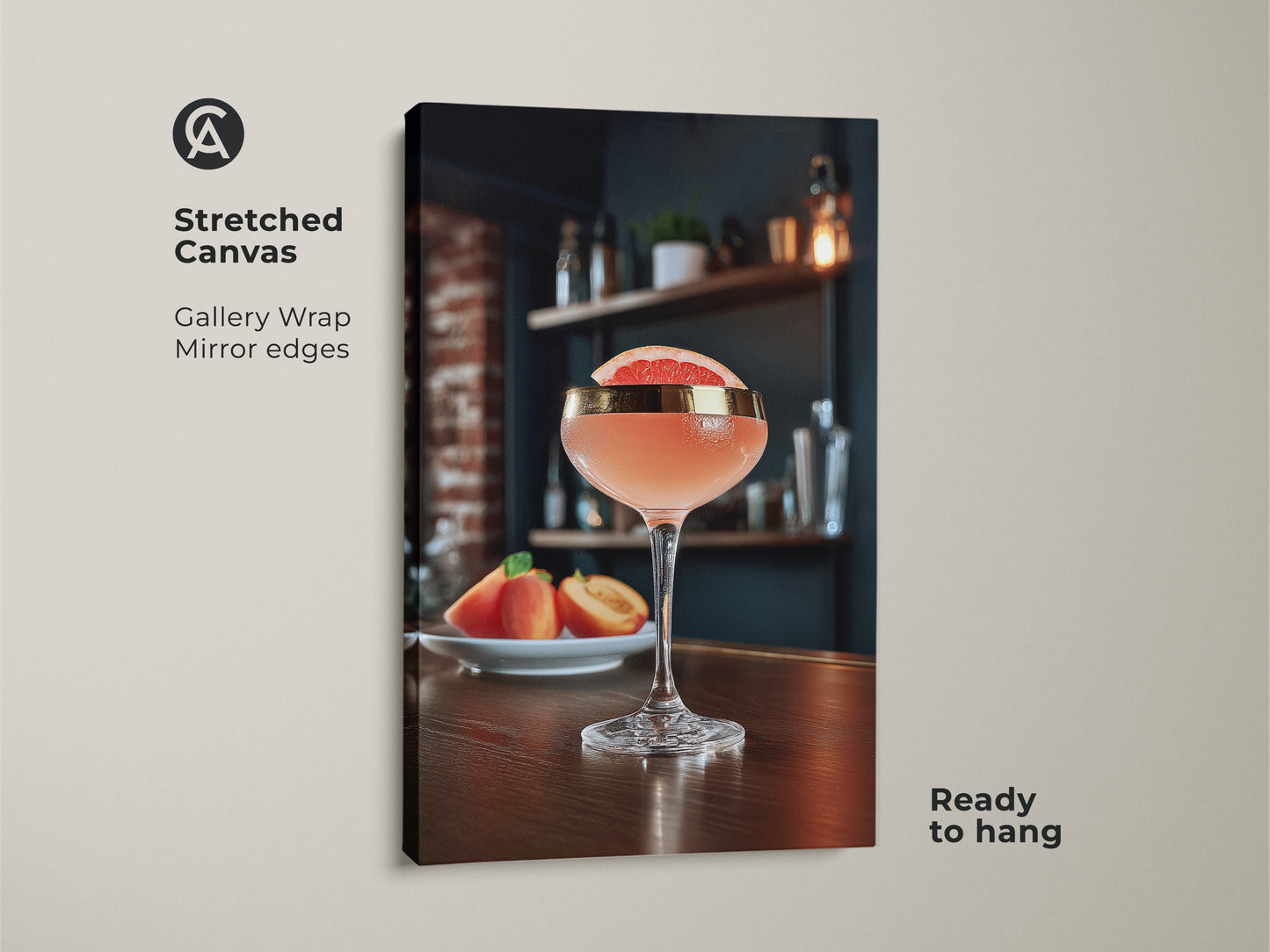 Stretched canvas of pink cocktail wall art. The grapefruit garnish art print on gallery wrap canvas adds a modern touch to any space. Ready to hang this peach cocktail canvas art will enhance your Scandinavian kitchen decor. It is a perfect housewarming gift