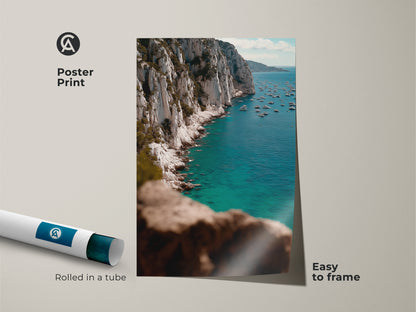 Poster Print of Turquoise Yacht Art. The deep blue tones evoke a sense of calm. This seascape landscape artwork is easy to frame and adds coastal charm to any room. Rolled in a protective tube ensures it arrives in perfect condition.