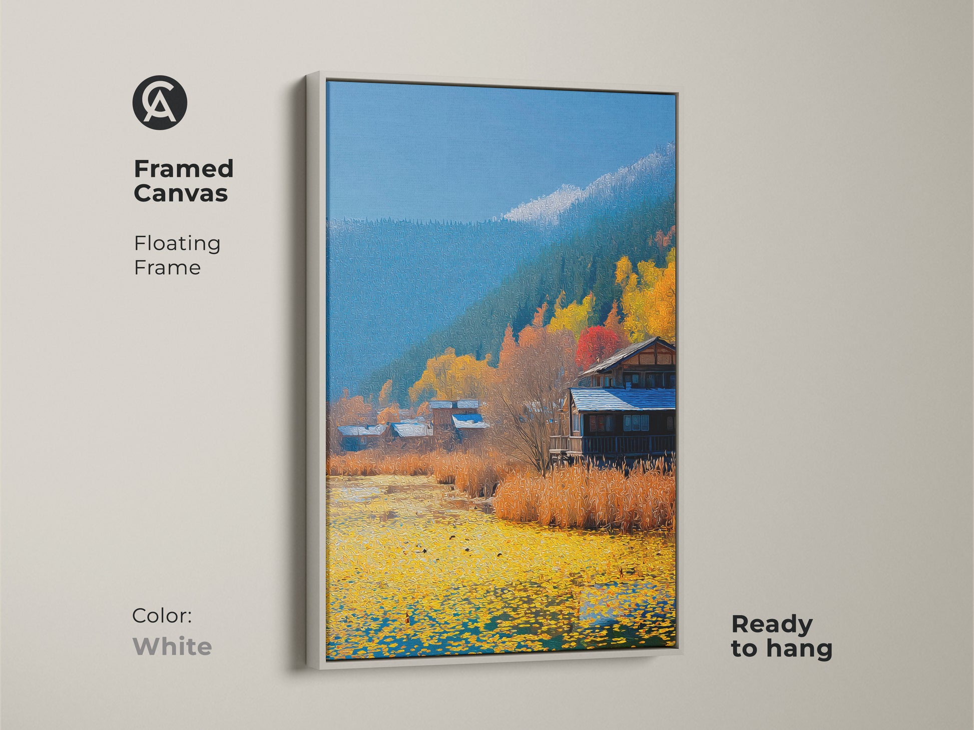 Rustic cabin landscape art print in a white floating frame. The Autumn lake scene wall decor will add to any room. A folk art farmhouse decor that is ready to hang.