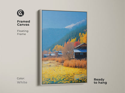 Rustic cabin landscape art print in a white floating frame. The Autumn lake scene wall decor will add to any room. A folk art farmhouse decor that is ready to hang.