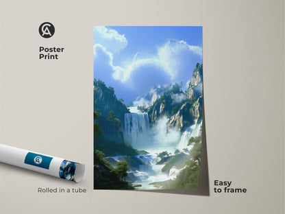 Bring nature indoors with this digital painting nature art poster print. The sky blue and green hues create a calming aesthetic. This fantasy waterfall wall art is easy to frame and perfect for adding a touch of nature to your bedroom decor.