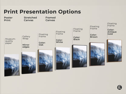 Print presentation options for minimalist glacier wall art. Options include poster print stretched canvas and framed canvas. Ice blue arctic landscape print for modern home decor.