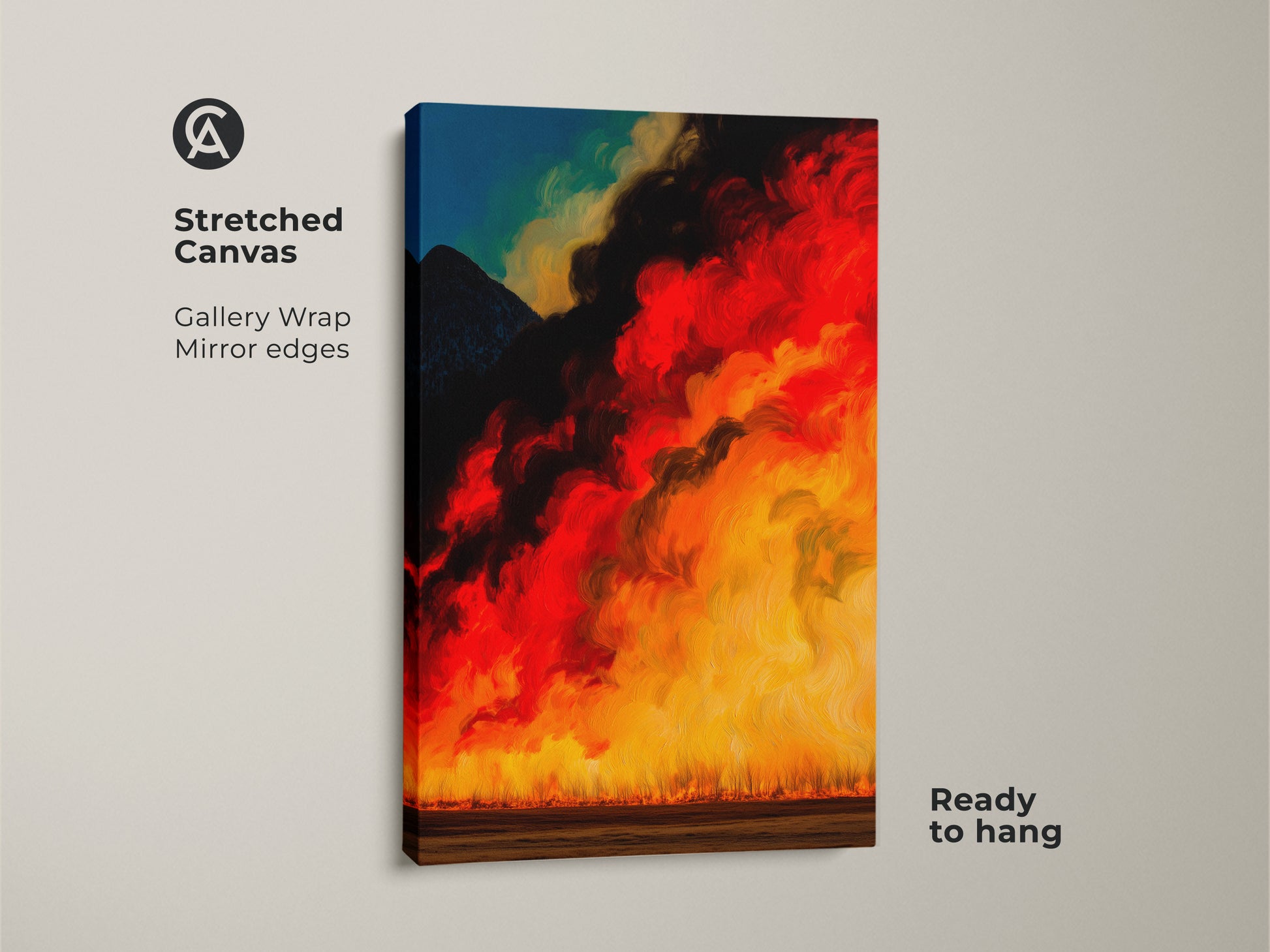 Poster print of abstract mountain fire artwork rolled in a tube. The art features fiery red golden yellow and black tones. An eye-catching piece of eclectic home wall art. Easy to frame this modern abstract artwork is perfect for any space. A great gift for nature lovers.