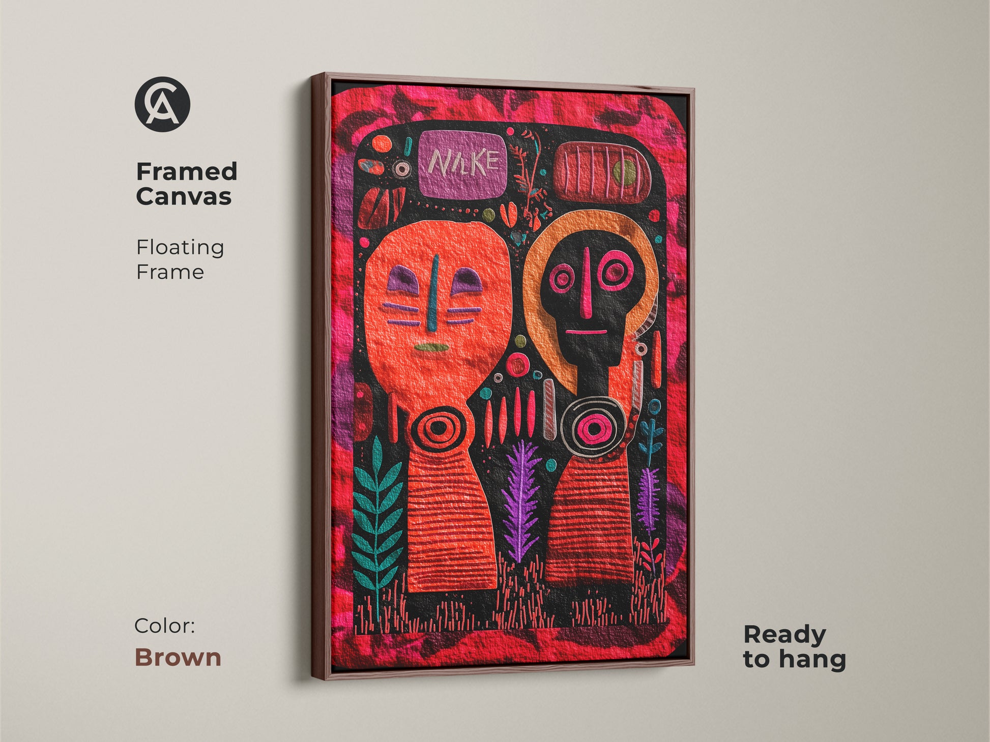 Framed Canvas Print showcasing abstract figurative elements with geometric patterns. The artwork features orange red and magenta colors. Floating frame in brown and ready to hang. A standout choice for unique wall decor for art enthusiasts. Perfect for a housewarming gift. Handmade Style Art.