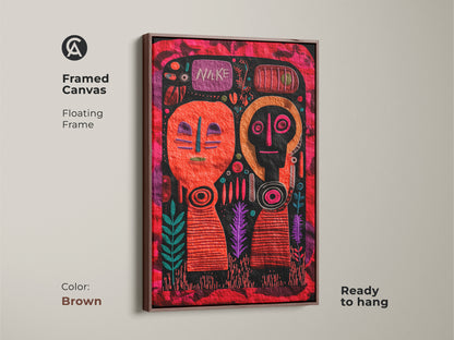 Framed Canvas Print showcasing abstract figurative elements with geometric patterns. The artwork features orange red and magenta colors. Floating frame in brown and ready to hang. A standout choice for unique wall decor for art enthusiasts. Perfect for a housewarming gift. Handmade Style Art.