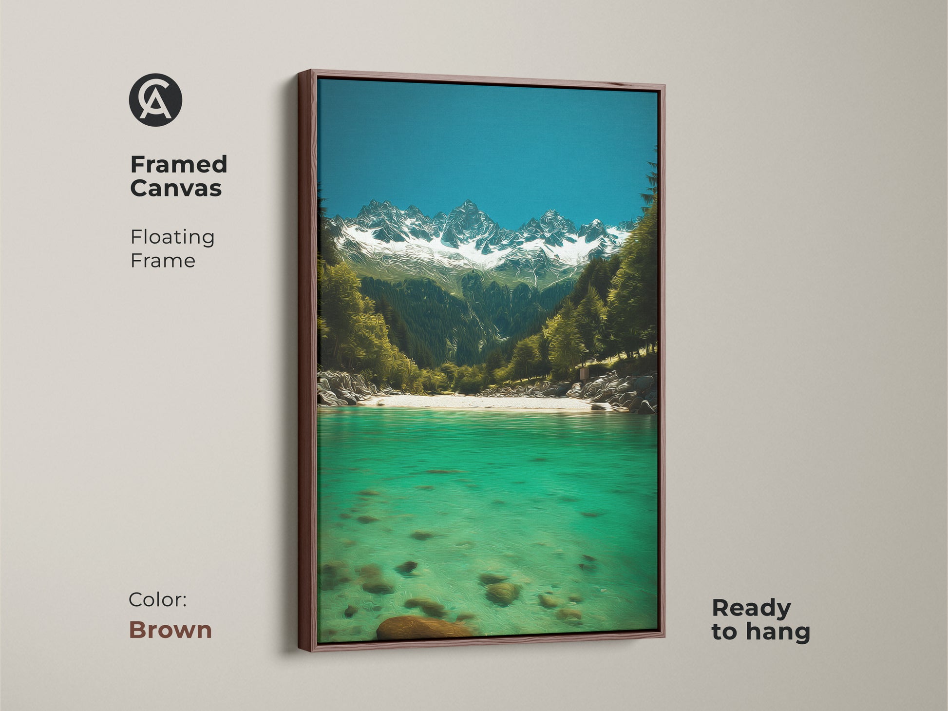Brown framed canvas featuring an emerald river flowing towards snow-capped mountains. Deep blue sky nature wall art is ready to hang. Impressionistic pine forest artwork adds a touch of natural splendor to any modern home. Great nature gift.