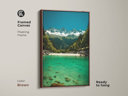 Brown framed canvas featuring an emerald river flowing towards snow-capped mountains. Deep blue sky nature wall art is ready to hang. Impressionistic pine forest artwork adds a touch of natural splendor to any modern home. Great nature gift.