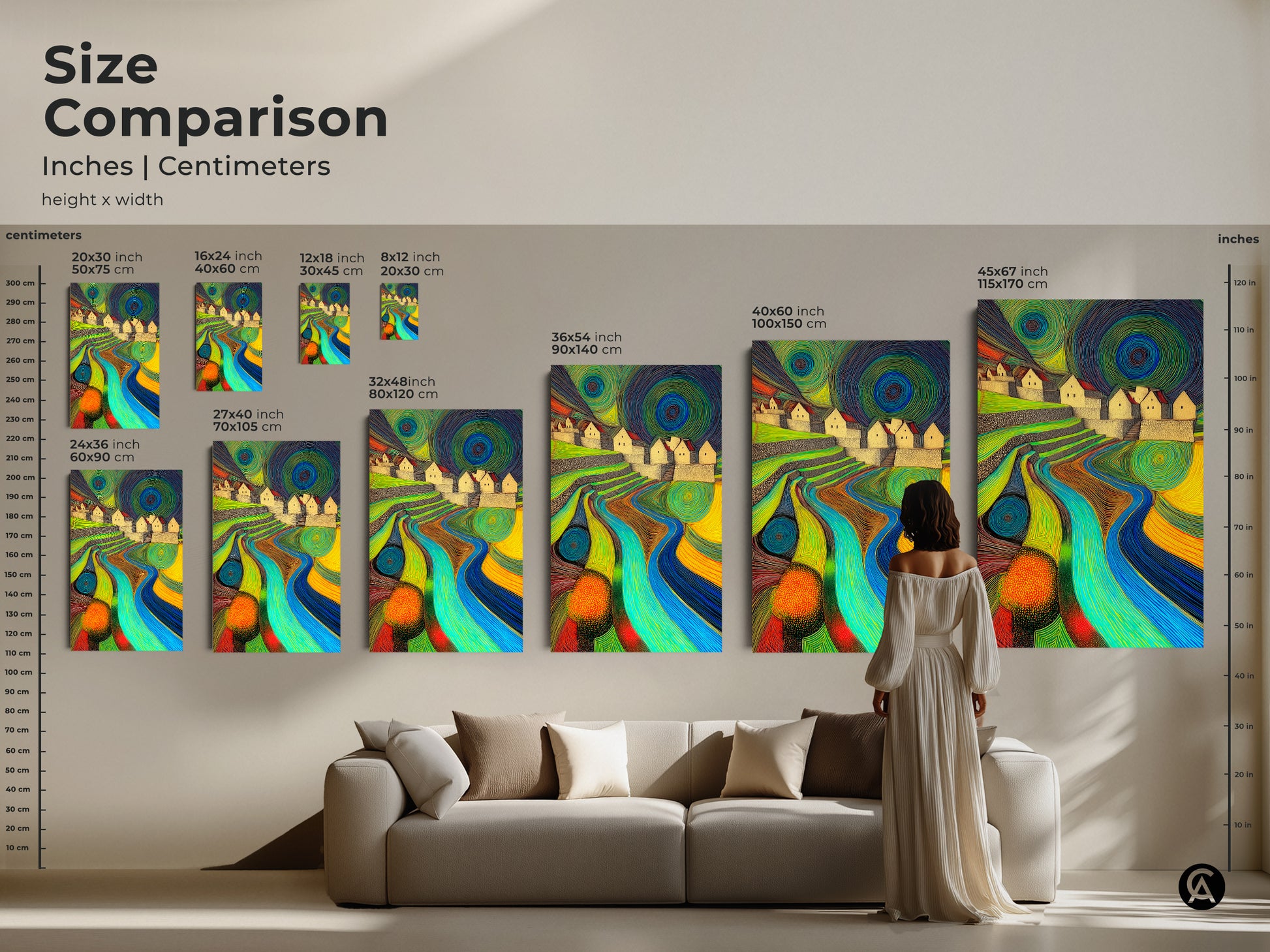 Compare sizes of this abstract landscape art piece. See the artwork displayed in various sizes. It shows terraced hills and a winding river. Visualize the scale for your living room with this eclectic green blue and yellow art.